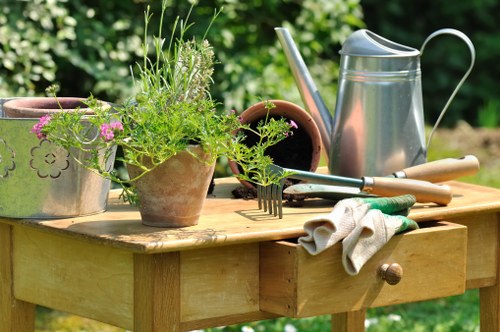 Professional gardener maintaining a city garden